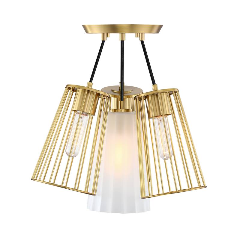 Liana 19 in. 4-Light Brushed Gold Glam Semi Flush Mount with Etched Glass and Wire Cage Shades for Bedrooms - 16.75