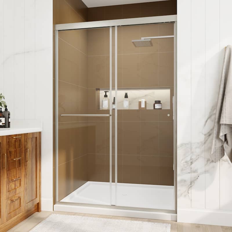 Modland 44''- 48'' W x 72'' H Glass Semi-Frameless Double Sliding Shower Tub Door in Matte Black / Brushed Nickel