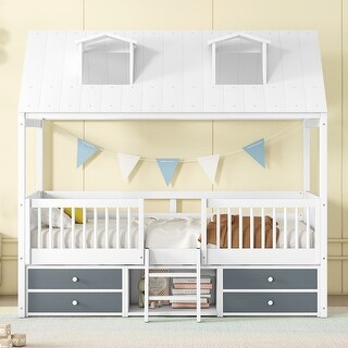 Twin Size Wood House Bed with Roof and Drawers