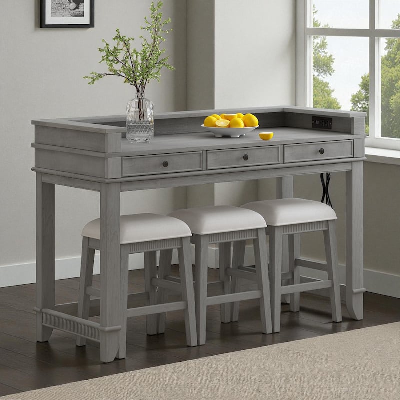 4-Piece Bar Table Dining Set for 3, 53" High Table with 3 Storage Drawers, USB Ports & 3 Upholstered Stools