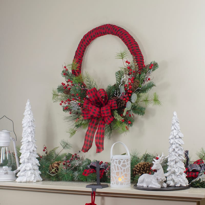 Red and Black Buffalo Plaid and Berry Artificial Christmas Wreath - 24-Inch Unlit - 24"