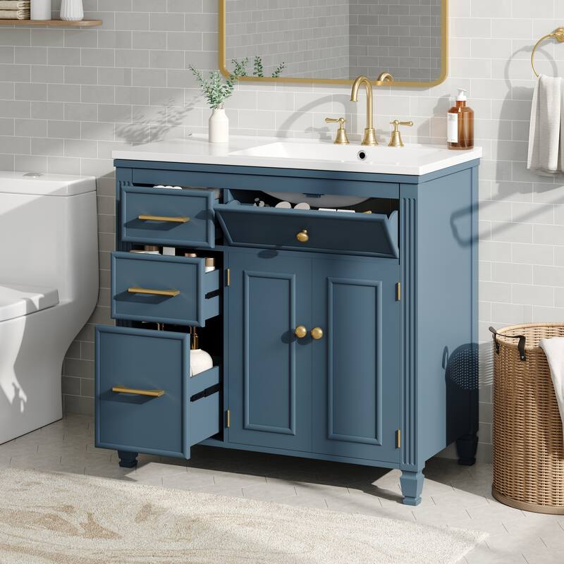 36" Bathroom Vanity with Ceramic Sink, Tip-Out Drawer & 3 Side Drawers, Adjustable Shelf Storage Cabinet