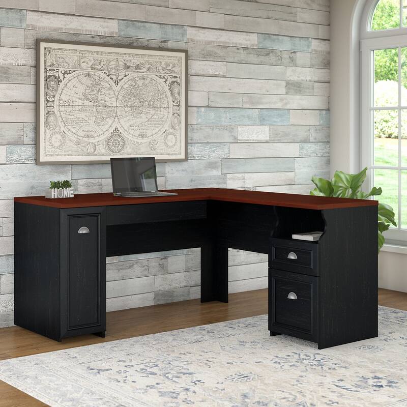 Fairview 60W L Shaped Desk with Drawers and Storage by Bush Furniture - Antique Black/Hansen Cherry