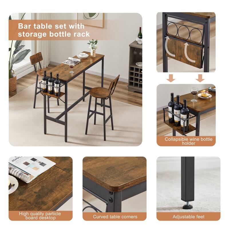 3-Piece Bar Dining Table Set with Wine Bottle Storage Rack