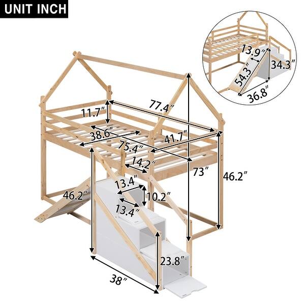 dimension image slide 1 of 2, Twin over Twin Pine House Loft Kids Bed Frame with Slide, Staircase & Storage, Safety Guaranteed, Easy Assembly, Natural