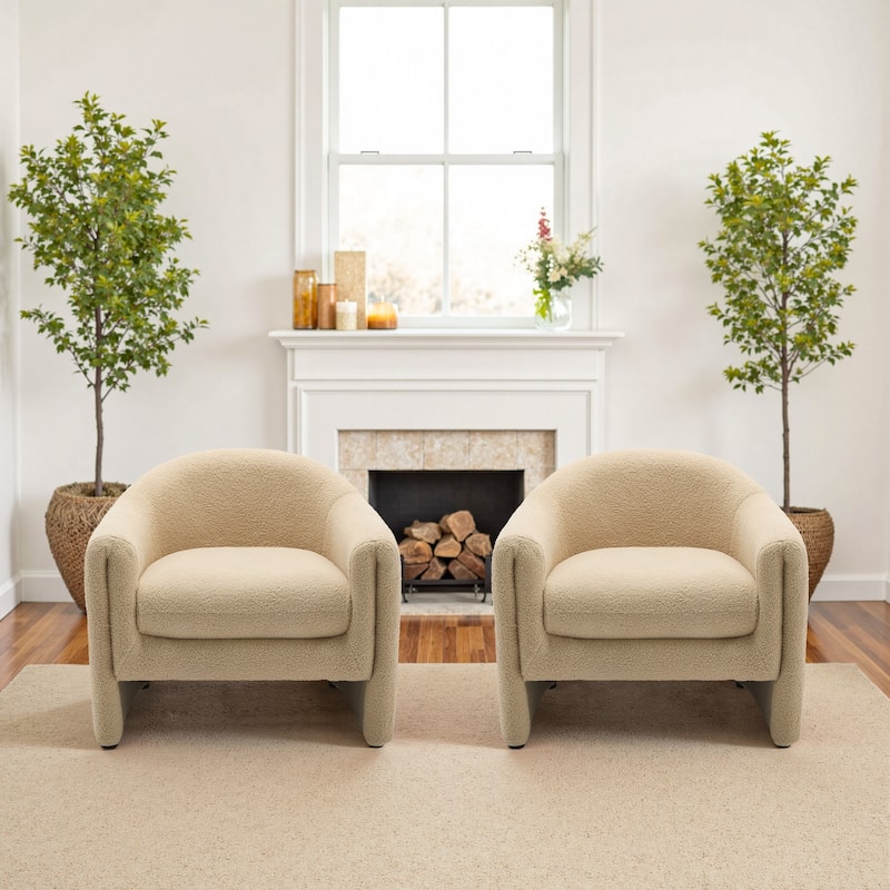 2 Set Modern Upholstered Barrel Accent Chair - Camel Boucle