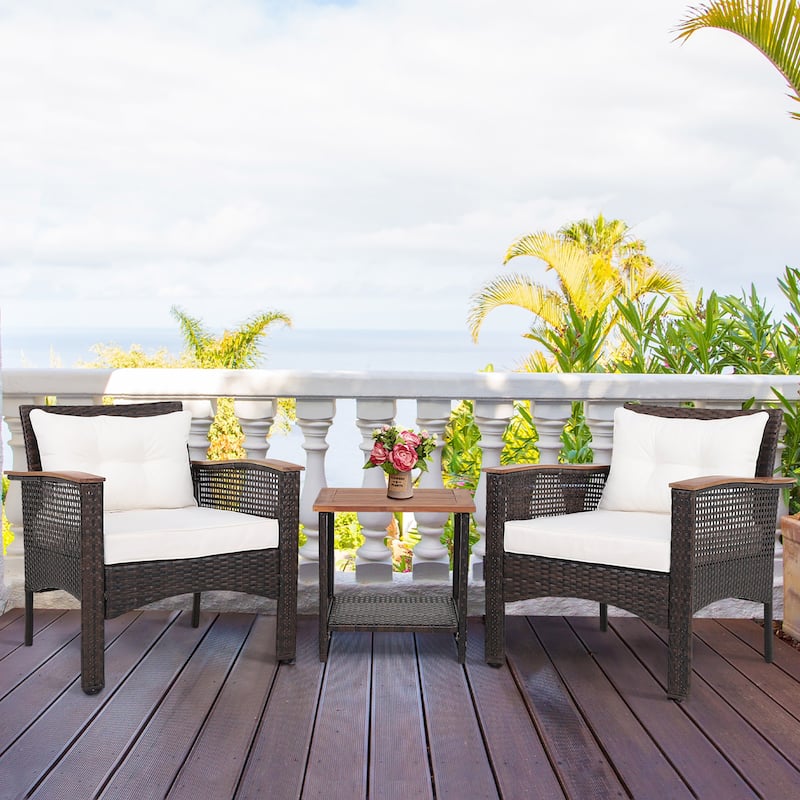 3 PCS Patio Sofa Set Rattan Conversation Set with 2 Tier Coffee Table
