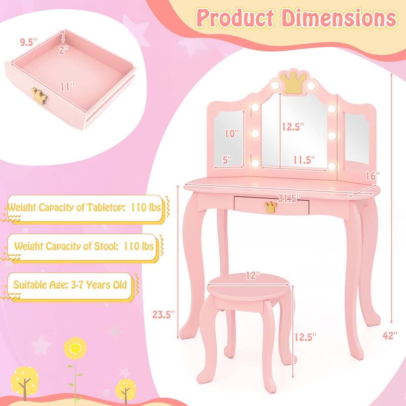 Costway Kids Vanity Set Princess Vanity Table & Chair Set with Lighted - See Details