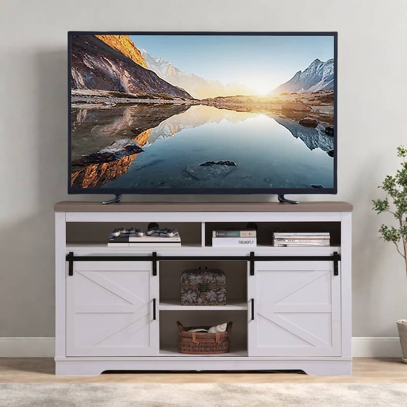 58.11" TV Stand with Sliding Barn Doors - Fits 70" TVs, Adjustable Shelves and 150LB Capacity - White+Oak