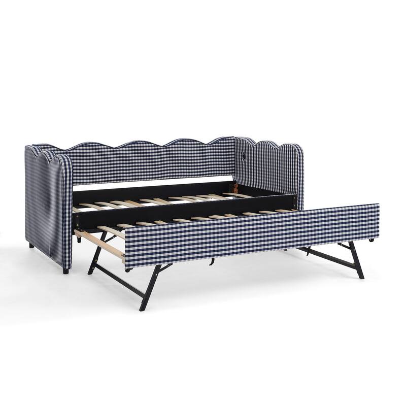 Linen Fabric Gingham Daybed with Trundle, Twin Size Sofa Bed with USB Port and Adorable Wave Shaped Headboard