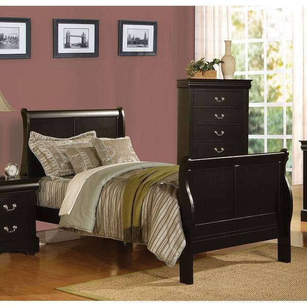 slide 2 of 3, Louis Philippe III Twin Sleigh Bed in Black with KD Headboard and Footboard Full