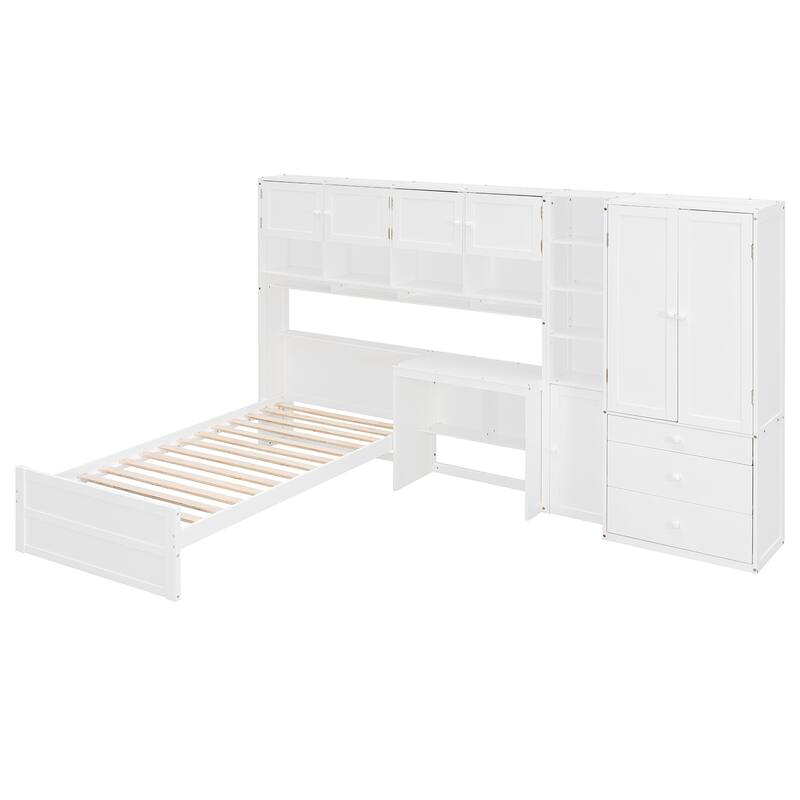 Twin Size Wood Platform Bed with Built-in Desk, Wardrobe, Cabinets & Drawers