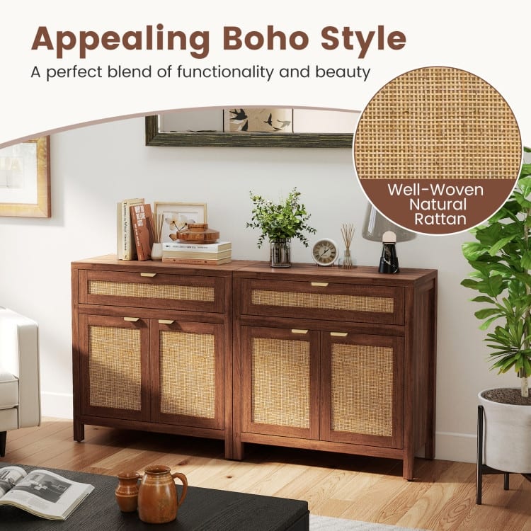 Brown-Natural Engineered Wood and Rattan Sideboard Cabinet with Drawer - 31" x 14.5" x 32"