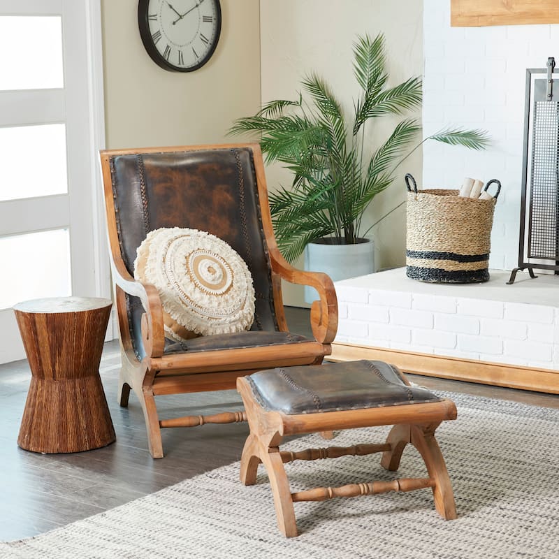 Leather Handmade Accent Chair with Ottoman with Scrolled Wood Arms and Arched Legs - Brown or Black - Roche River Decor
