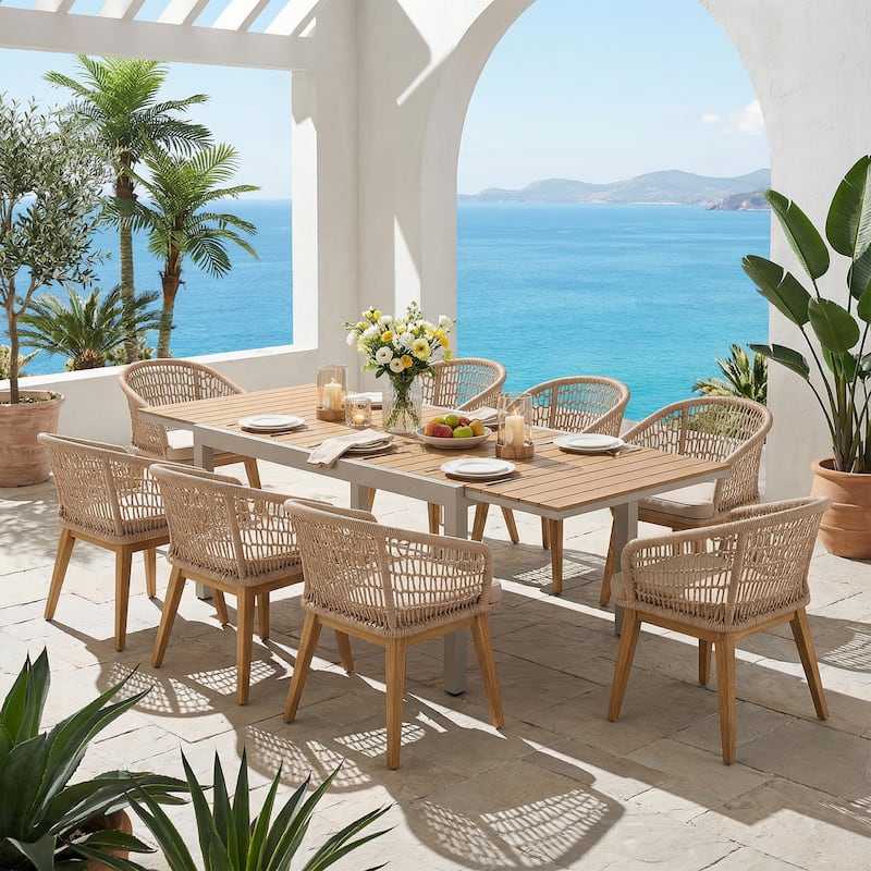 Extendable Outdoor Dining Set with Woven Rope Back Chairs with Cushions and All-Weather Aluminum Patio Table - Thick rope braiding