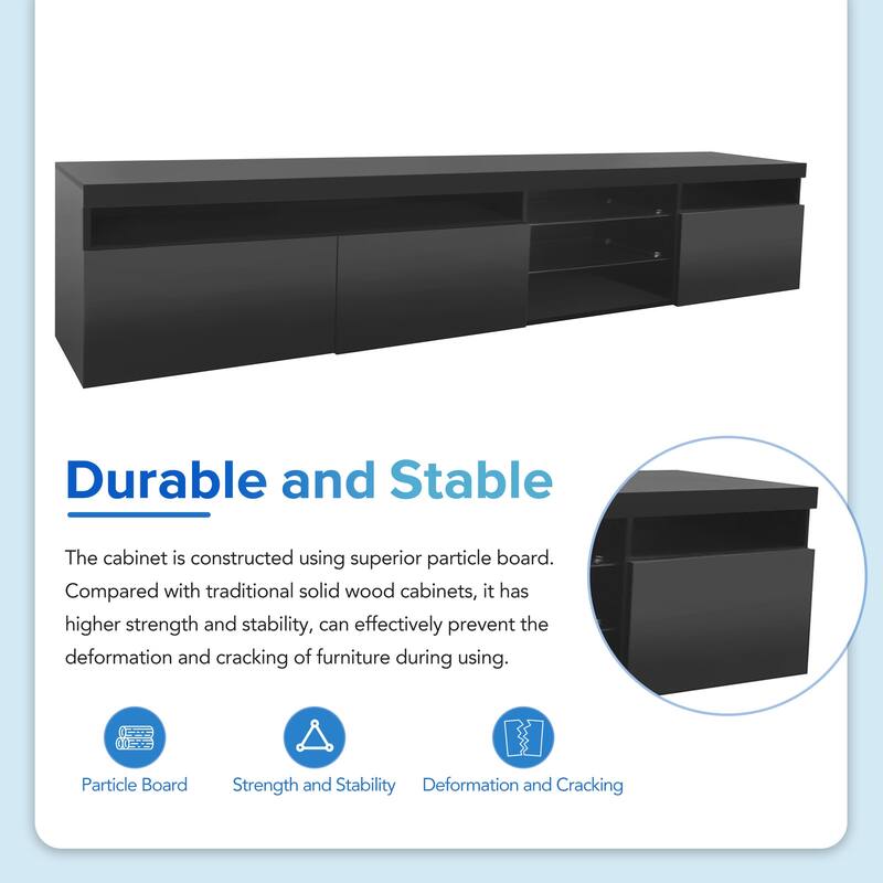 Unique TV Stand with Adjustable LED Lights and 2 Glass Shelves, Media Console for TVs Up to 105"