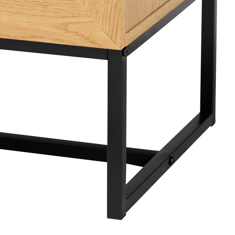 Sawyer Mid-Century Modern Industrial Oak Brown Finished Wood and Black Metal 6-Drawer Storage Cabinet with Natural Rattan