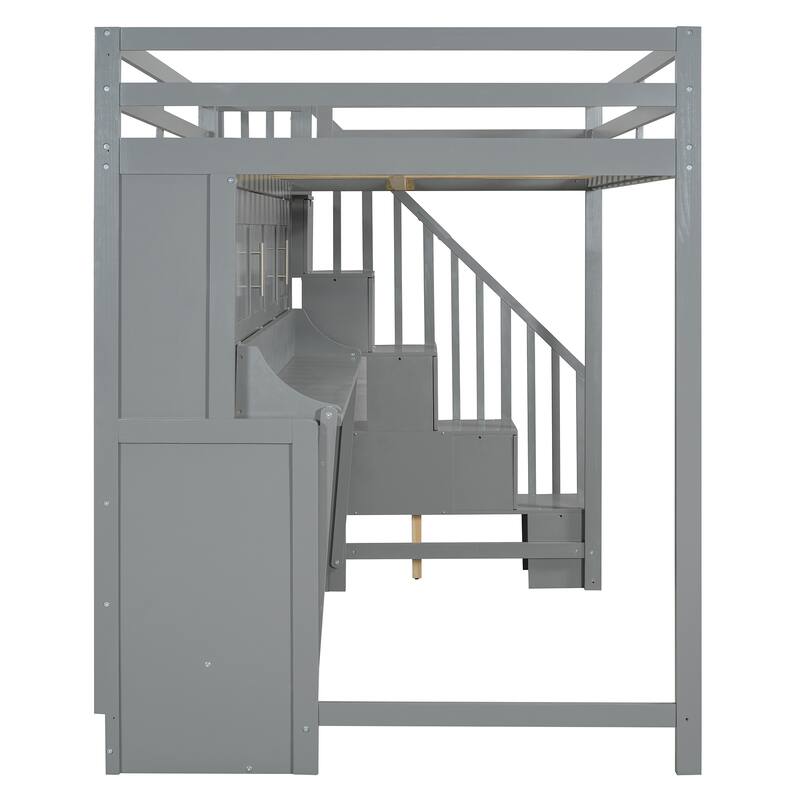 Full Size Convertible Murphy Bunk Bed with Hydraulic Lift, Built-in Desk & Storage Staircase, Space-Saving Wall Bed