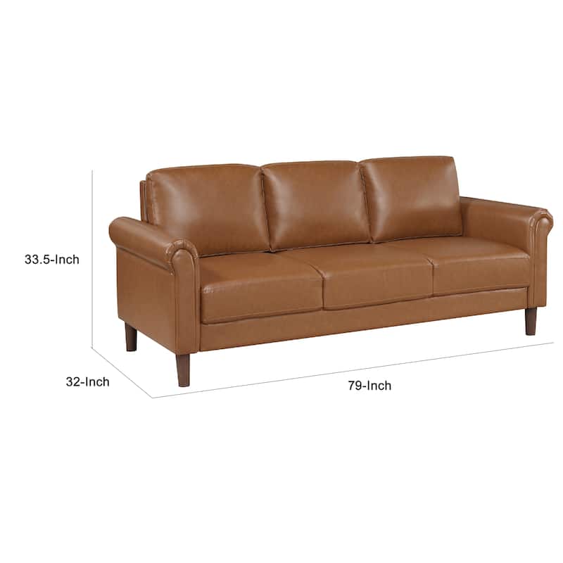 Lo Sofa w Rolled Arms, Mid Century Brown Faux Leather 79 Inch