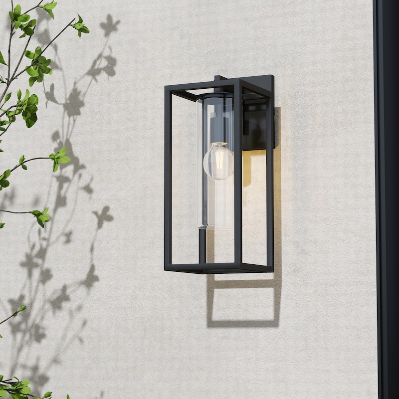Metal 1-Light Clear Glass Outdoor Wall Sconce Light - M: 15.7"Hx6.2"Wx8"D - Black