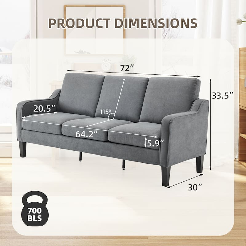 Erommy 3 Seat Sofa, 72" Sofa Couch for Living Room, Modern Fabric Couch with 4 Wood Legs, 2 Metal Support Rods for Bedroom