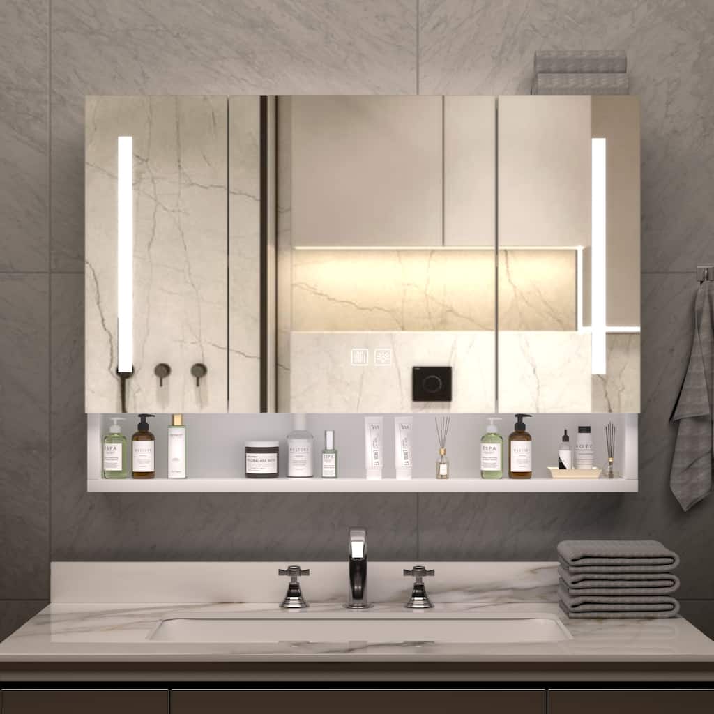 Bathroom Medicine Cabinet with LED Mirror, Defogging, Adjustable Brightness & Color Temperature, Multilevel Storage