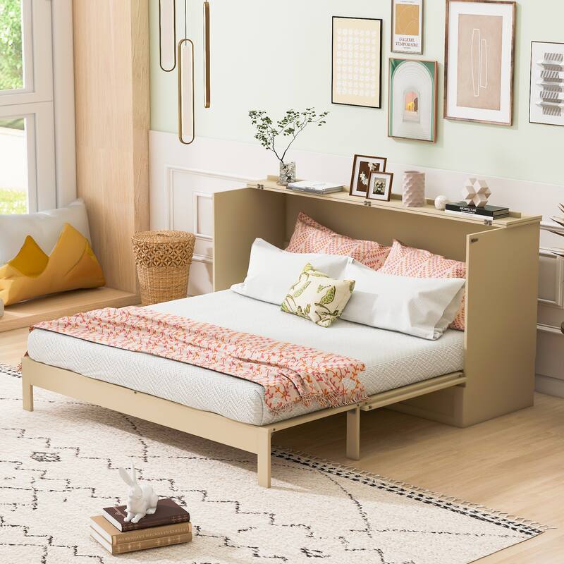 Space-Saving Full Size Murphy Bed with Drawers and USB Charging, Gold Finish