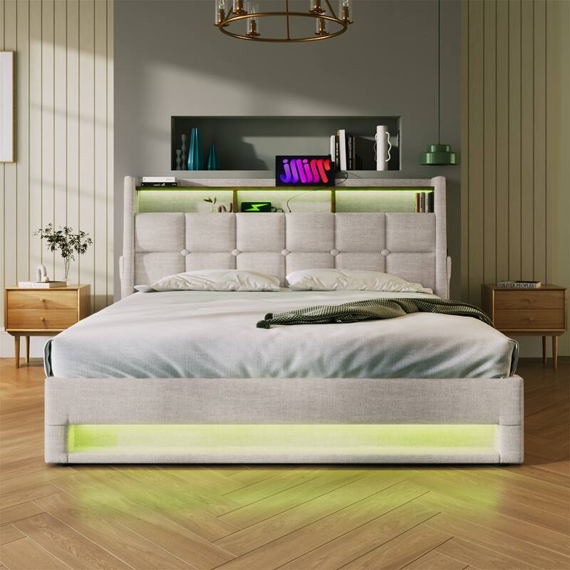 Queen size Upholstered Platform bed with a Hydraulic Storage System