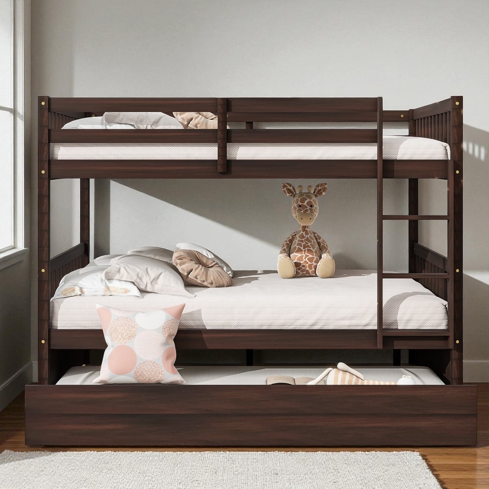 Full Over Full Rubber Wood Bunk Bed with Trundle, Convertible into Two Full Beds, Ladder and Guardrails Included