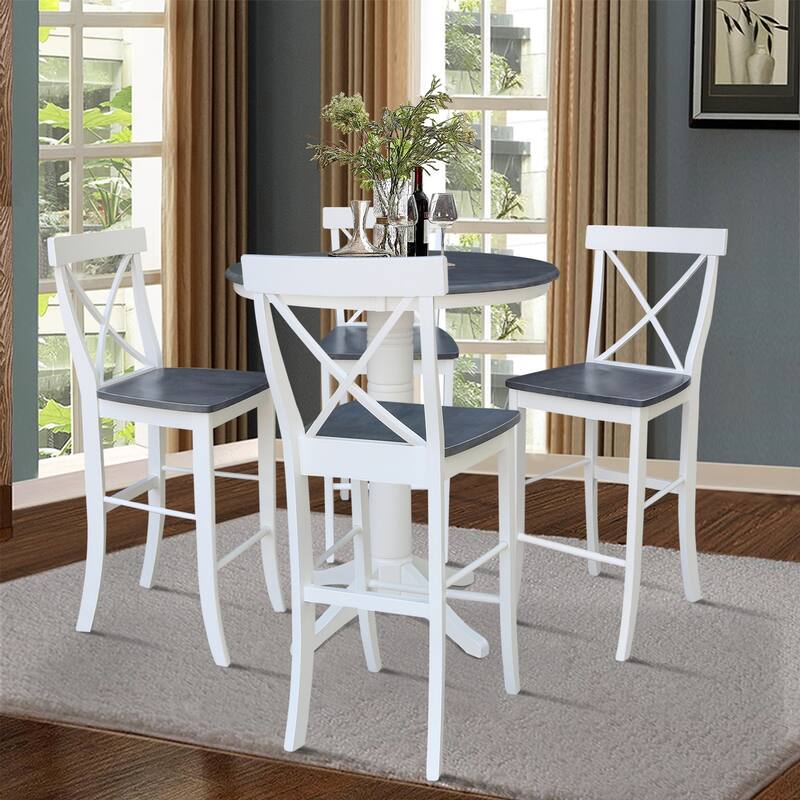 36 in Solid Wood Round Top Pedestal Bar Height Dining Table with 4 X-back Stools