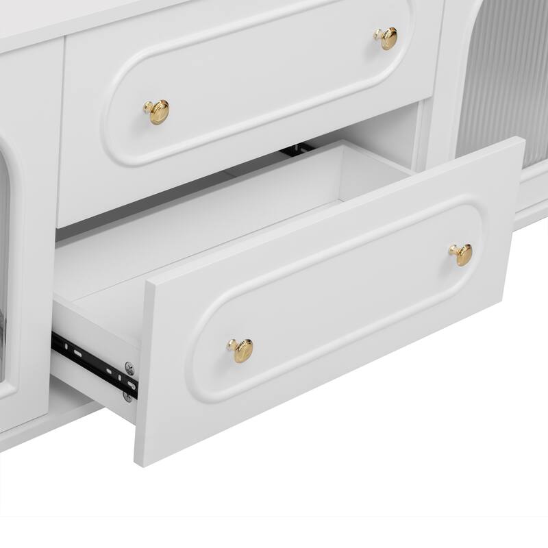 Roomfitters Modern TV Stand for up to 80 Inch TV, Media Console with Fluted Glass Doors, Drawers and Metal Legs, White