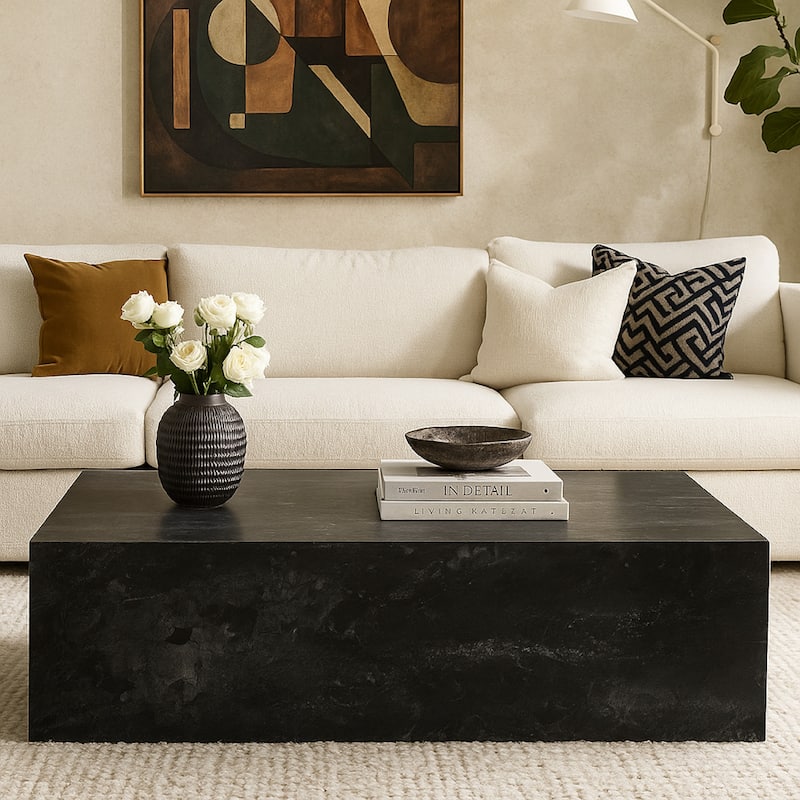 Rey Cocktail Coffee Table, 48 Inch Rectangular Natural Black Marble Body