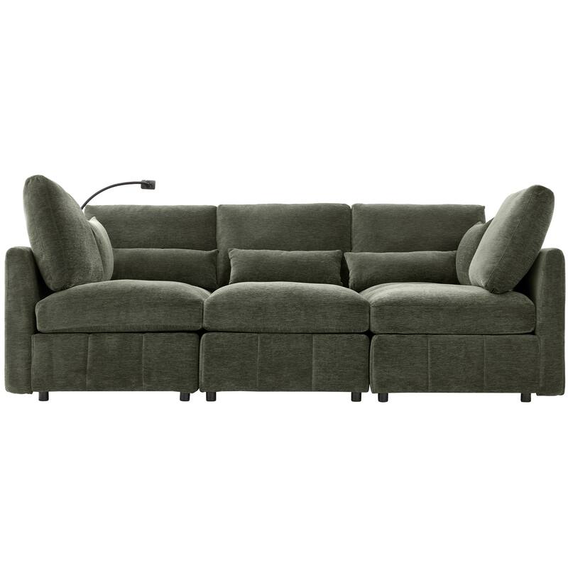 U Shaped Modular Sectional Sofa with Movable Ottoman, Chenille Upholstered 5-Seater Sofa with 2 USB Ports & Phone Holder