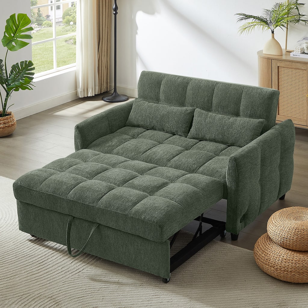 Anmytek Green 52.8 Inch Tufted Loveseat Pull-out Sofa Bed with Adjustable Backrest 3 USB Ports 2 Lumbar Pillows