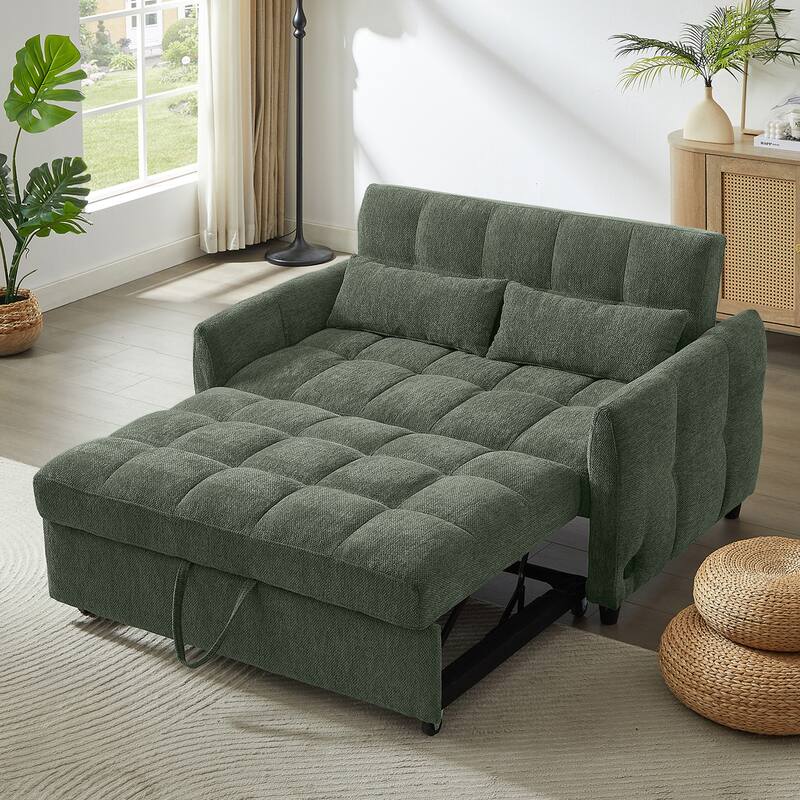 Roomfitters 53 Inch Convertible Loveseat Sofa Bed with Adjustable Backrest and USB Ports, Green Chenille