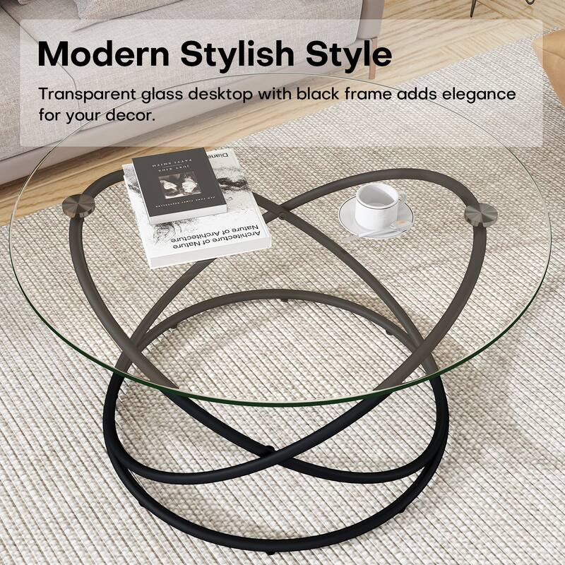 Tempered Glass Top Round Coffee Table with Metal Base