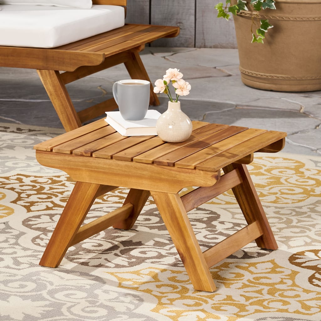 Roomfitters Outdoor Side Table Solid Acacia Wood Patio End Table with Slatted Top and Sturdy Frame, Teak