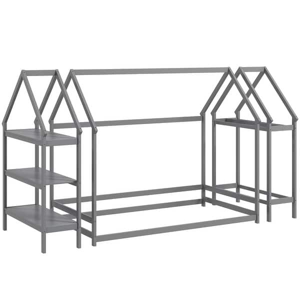 slide 2 of 20, Twin Size Montessori Floor House Bed with Detachable Storage Shelves and Clothes Hanging Rack