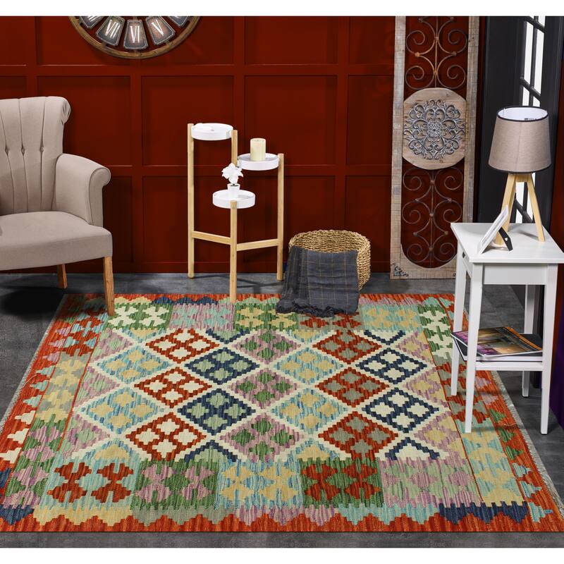Flatweave Manshuk Orange/Navy Rug - 3'3" x 4'11"