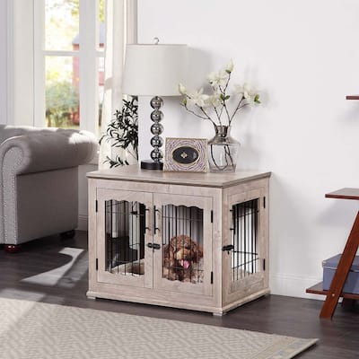unipaws Pet Crate End Table, Double Doors Dog Kennel with Pet Bed
