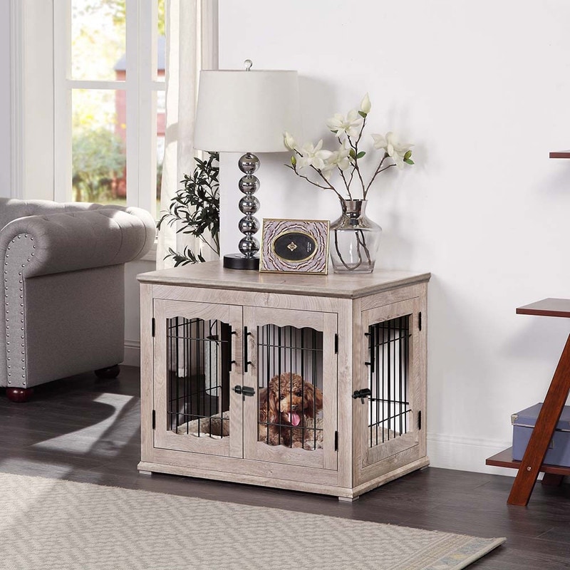 unipaws Pet Crate End Table, Double Doors Dog Kennel with Pet Bed