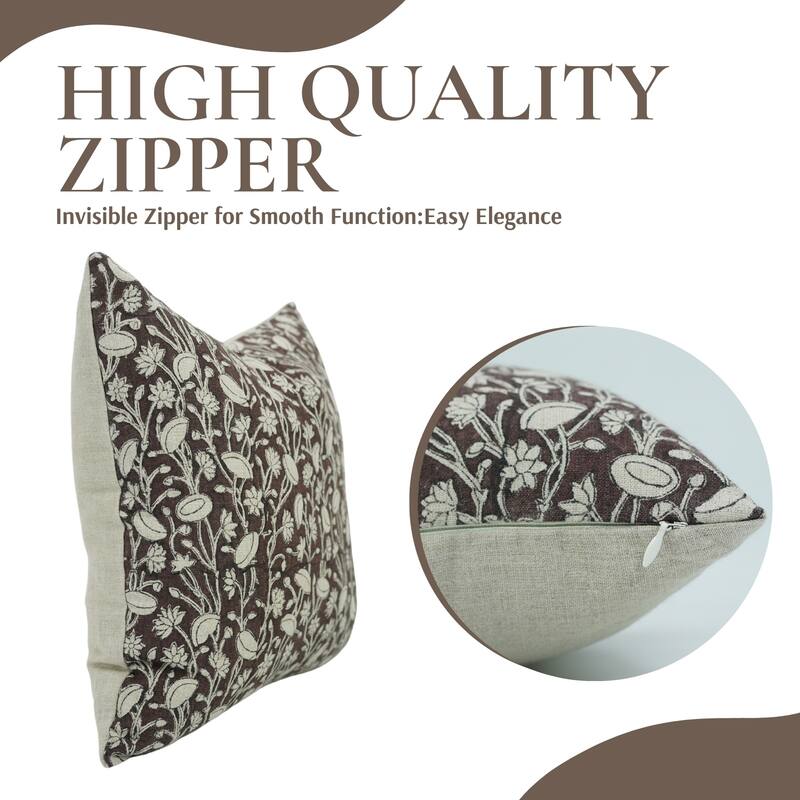 Fabdivine Block Print 12x20 Inch Pillow Cover Pure Linen Floral Farmhouse Decor Accent for Brown Soft, Cushion Case, Kanak Buti
