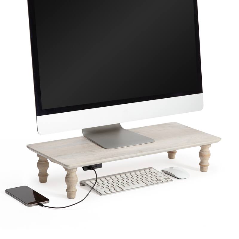 Jani Wood Monitor Stand Riser Desk - Ergonomic Design Stand, Desktop Organizer Table for Home, Office Workspace, Gaming Desk - Off-White