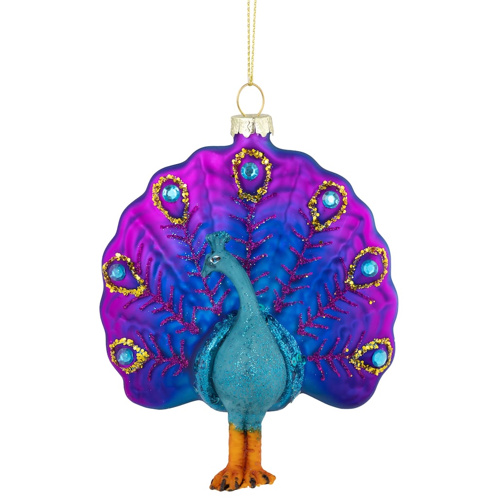 Standing Glittered Peacock Glass Christmas Ornament - 4.75" - Purple and Blue