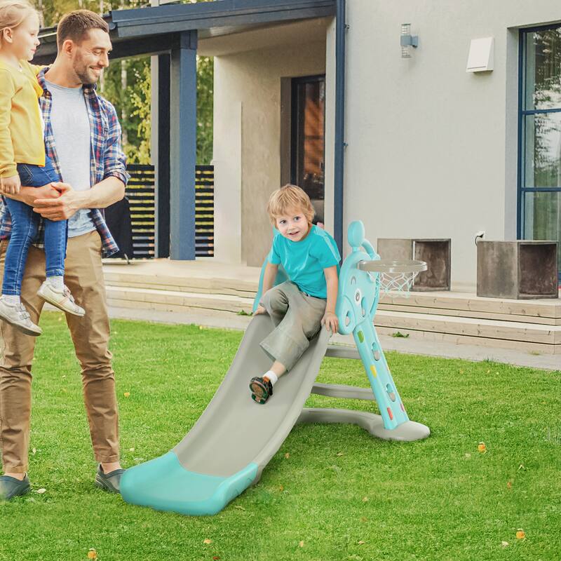 2 in 1 Kids Slide with Hoop Foldable Deer Shaped 18M-4Y Includes Ball Pump Blue
