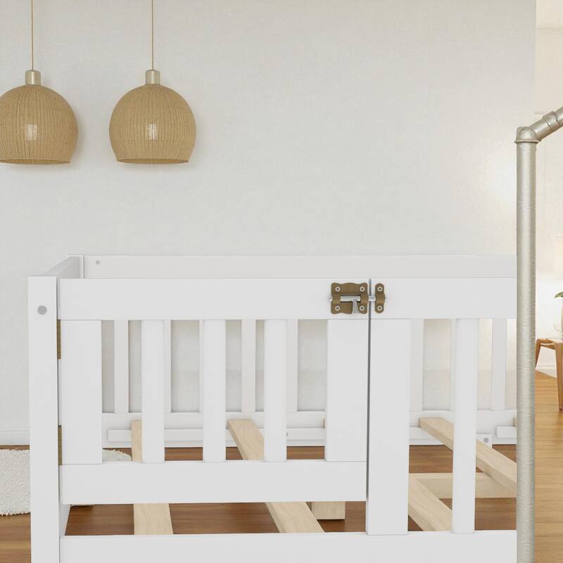 Twin/Full/Queen Size Wood Floor Bed with Door and Guardrails for Kids, Montessori Bed with Removable Slats