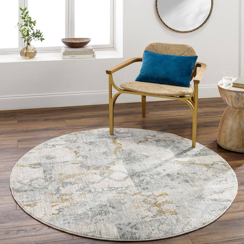 Livabliss Mid-Century Modern Dresden Abstract Area Rug - 5'3" x 5'3" Round - Taupe/Blue