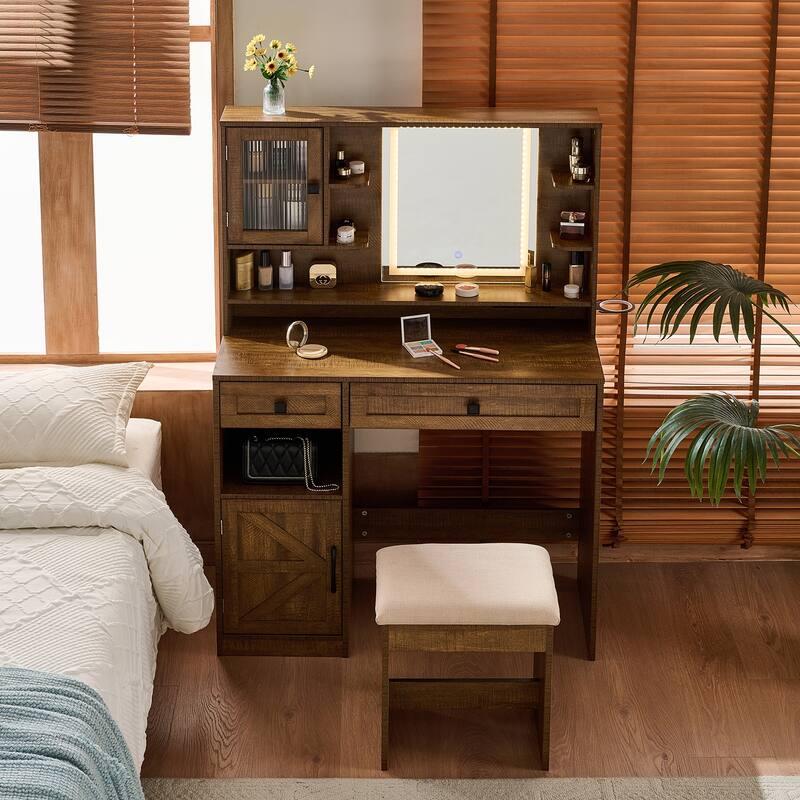 Vanity Desk with Touch Control Light Mirror, Dressing Table Set with Charging Station & Stool, Large Makeup Vanity Table