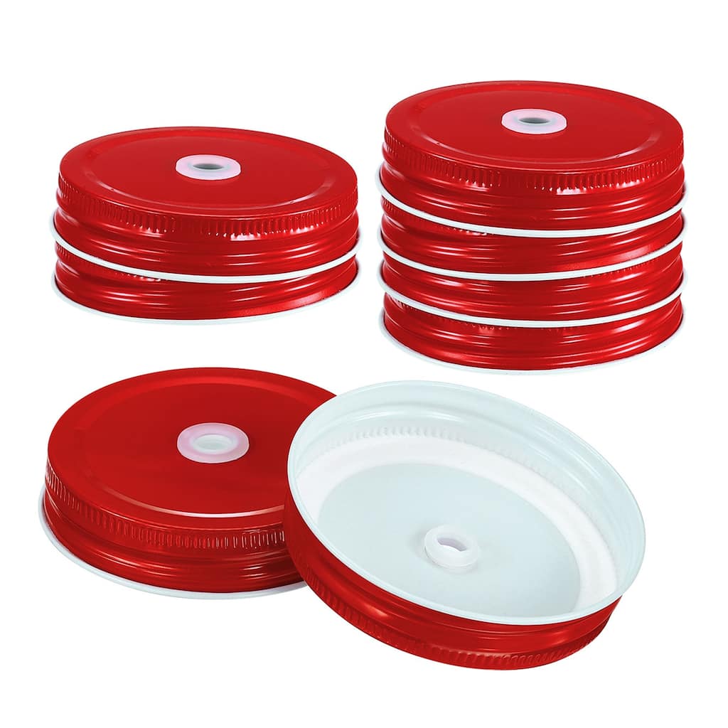 8Pcs 70mm Tinplate Mason Jar Lids Regular Mouth with Straw Hole, Red