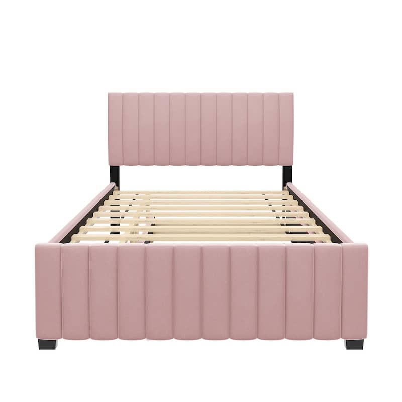 Full Size Velvet Upholstered Platform Bed with Twin Size Trundle, Beige